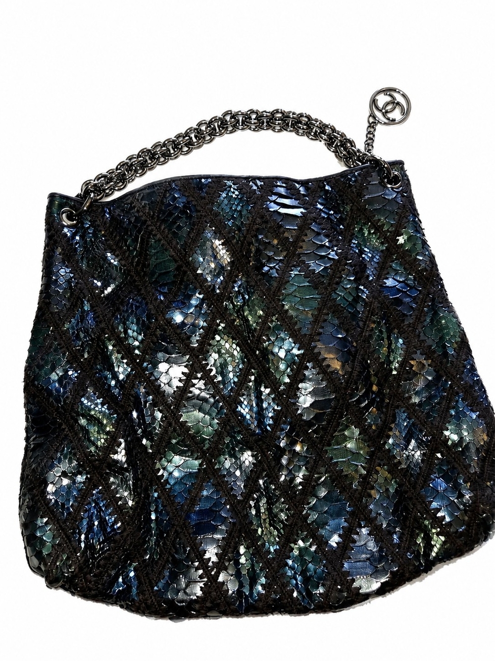 CHANEL Iridescent Blue Green Black Python Hobo Bag with Silver Chain